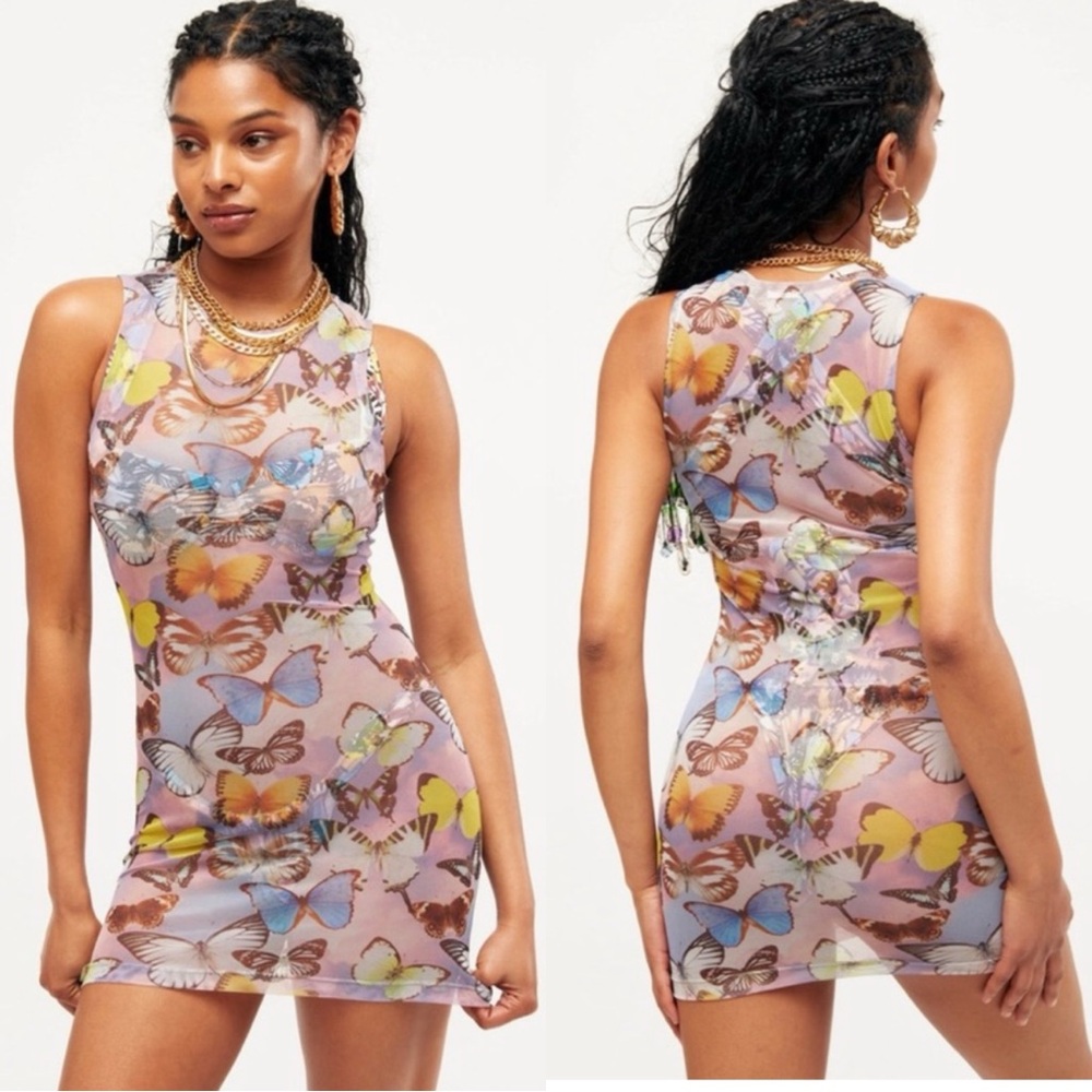 INAMORATA Butterfly Sleeveless Mesh Mini Dress